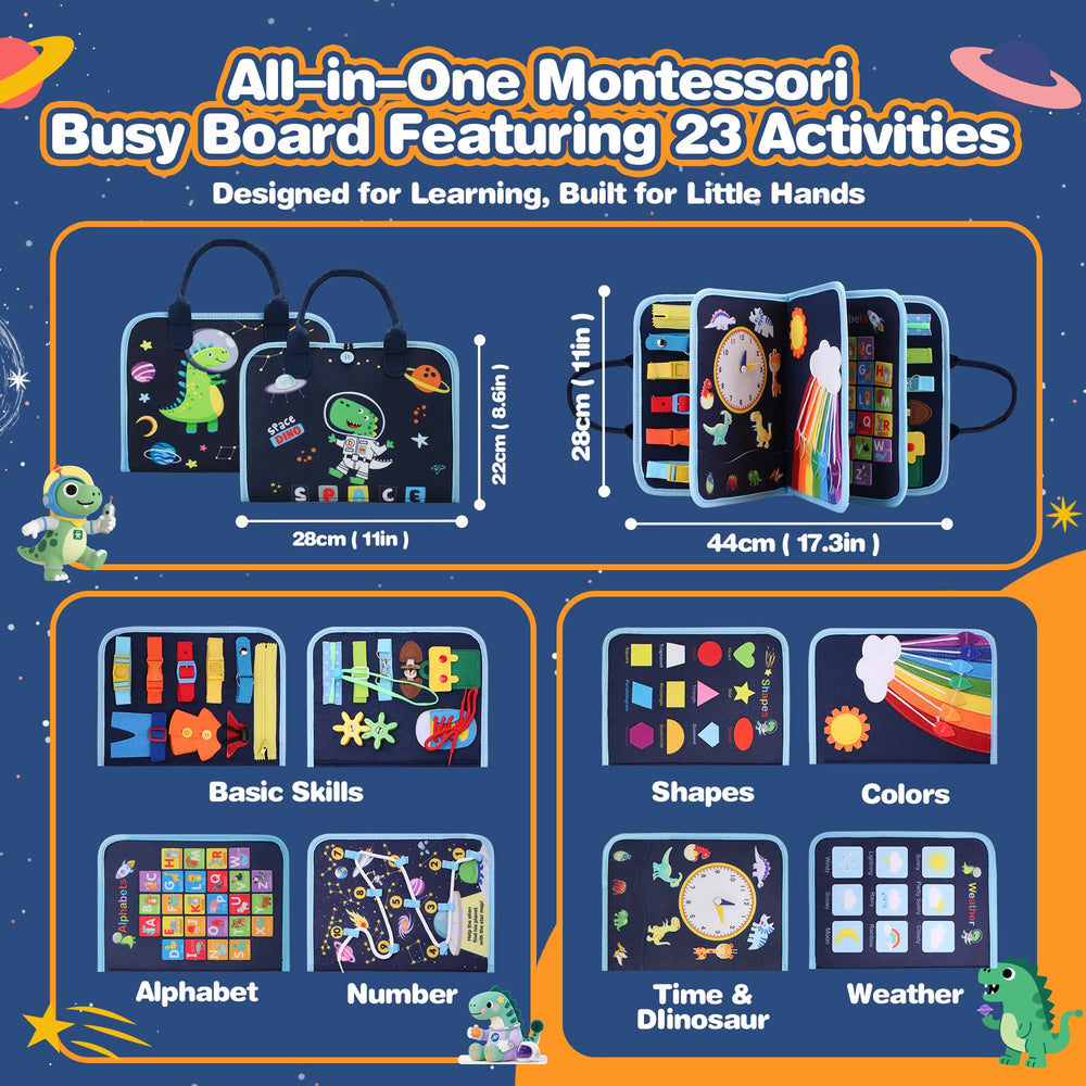 GONINO Busy Book features alphabet and numbers themes to support early literacy and numeracy.