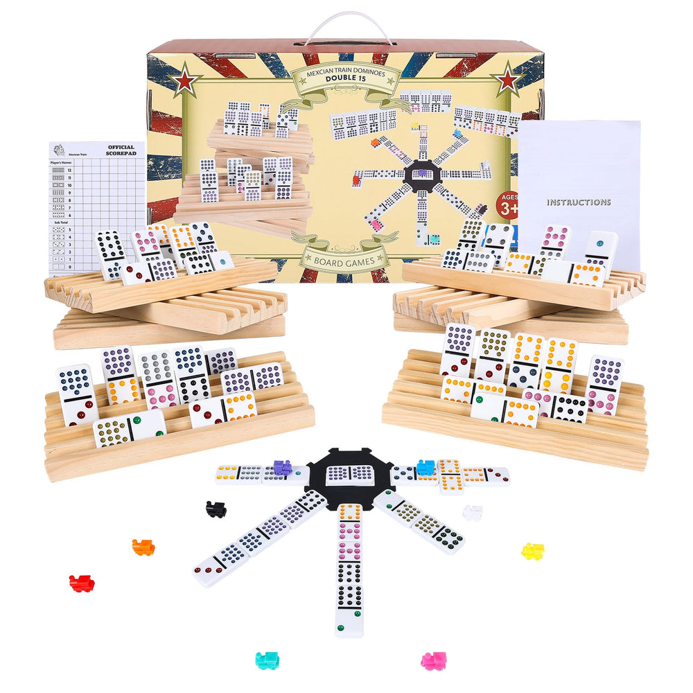 Gonoelec Mexican Train Dominoes Set front view with organized storage for quick setup.