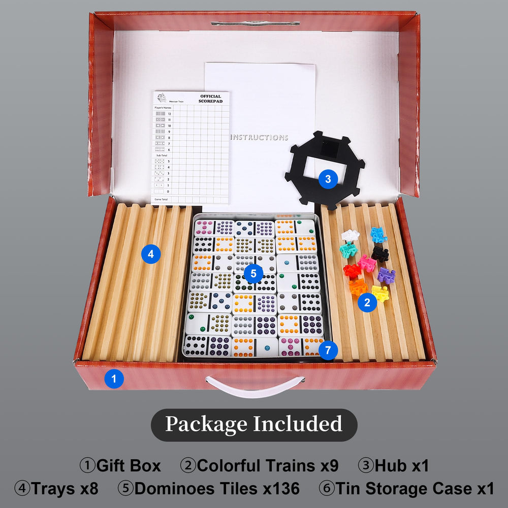 Gonoelec Mexican Train Dominoes Set score pads and instruction aid quick learning.