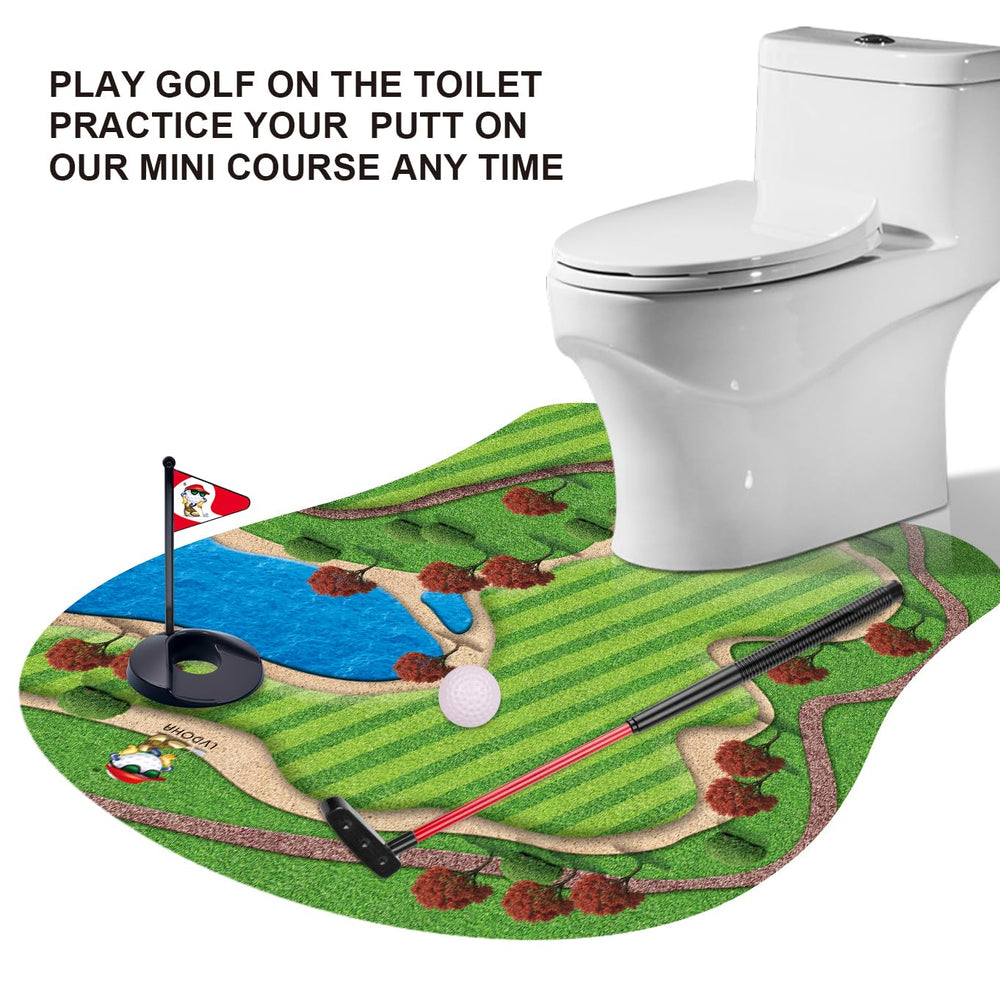 GOODLYSPORTS Mini green surface transforms the toilet area into a portable putting surface.