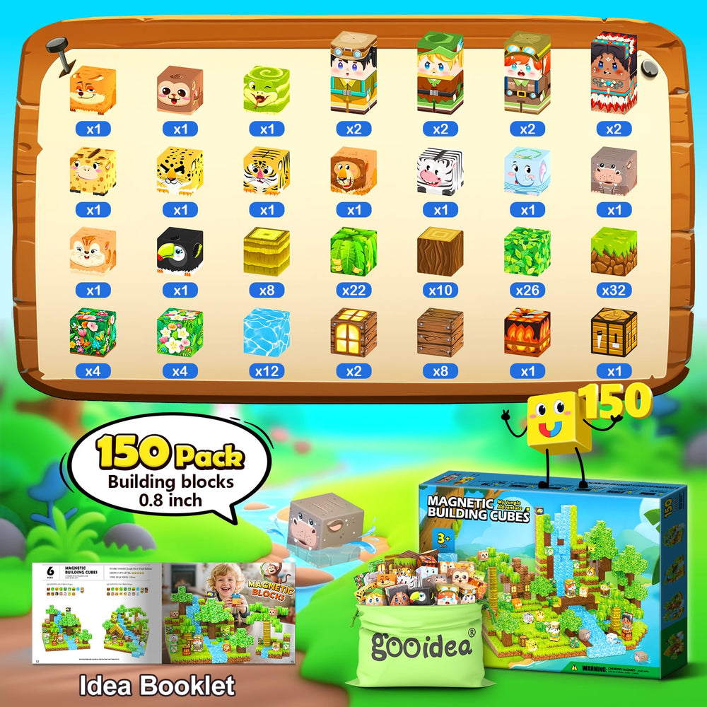 Gooidea 150 magnetic blocks feature jungle animals like lions and monkeys.