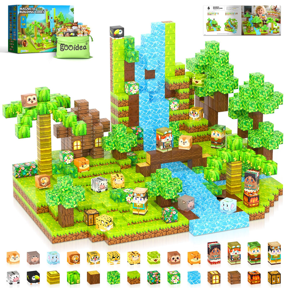 Gooidea 150 magnetic blocks in a jungle forest scene for imaginative building play.