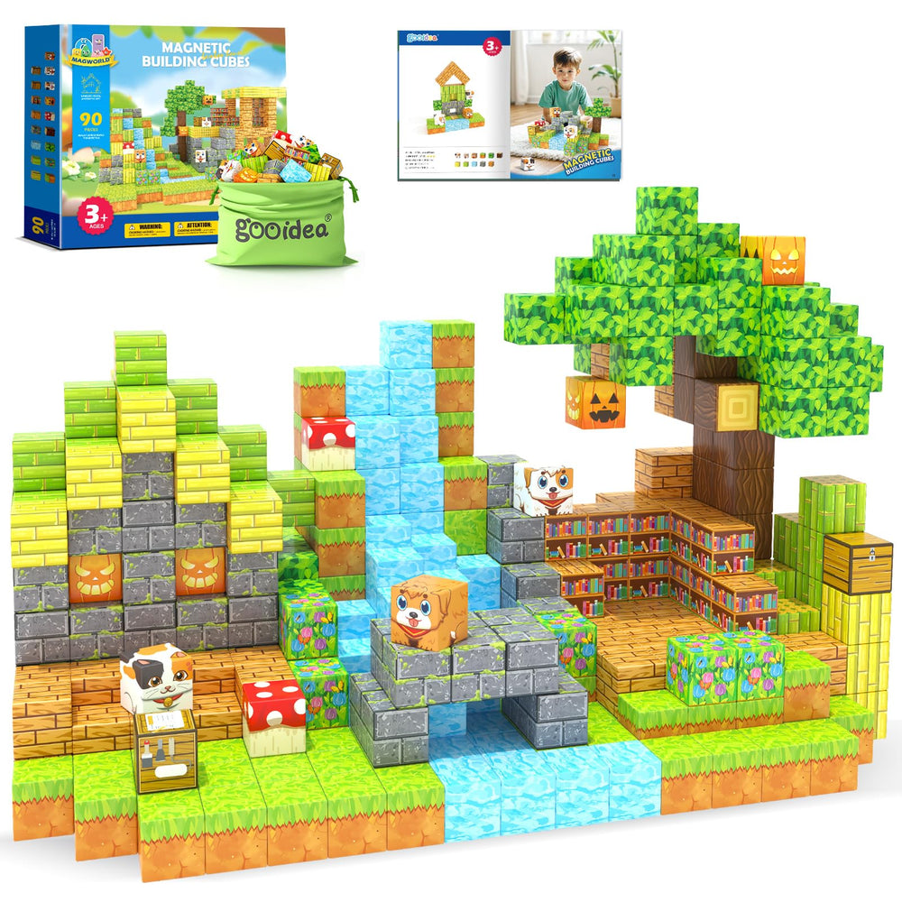 Gooidea large magnetic blocks in a vibrant creative-assembly scene for STEM play at home.