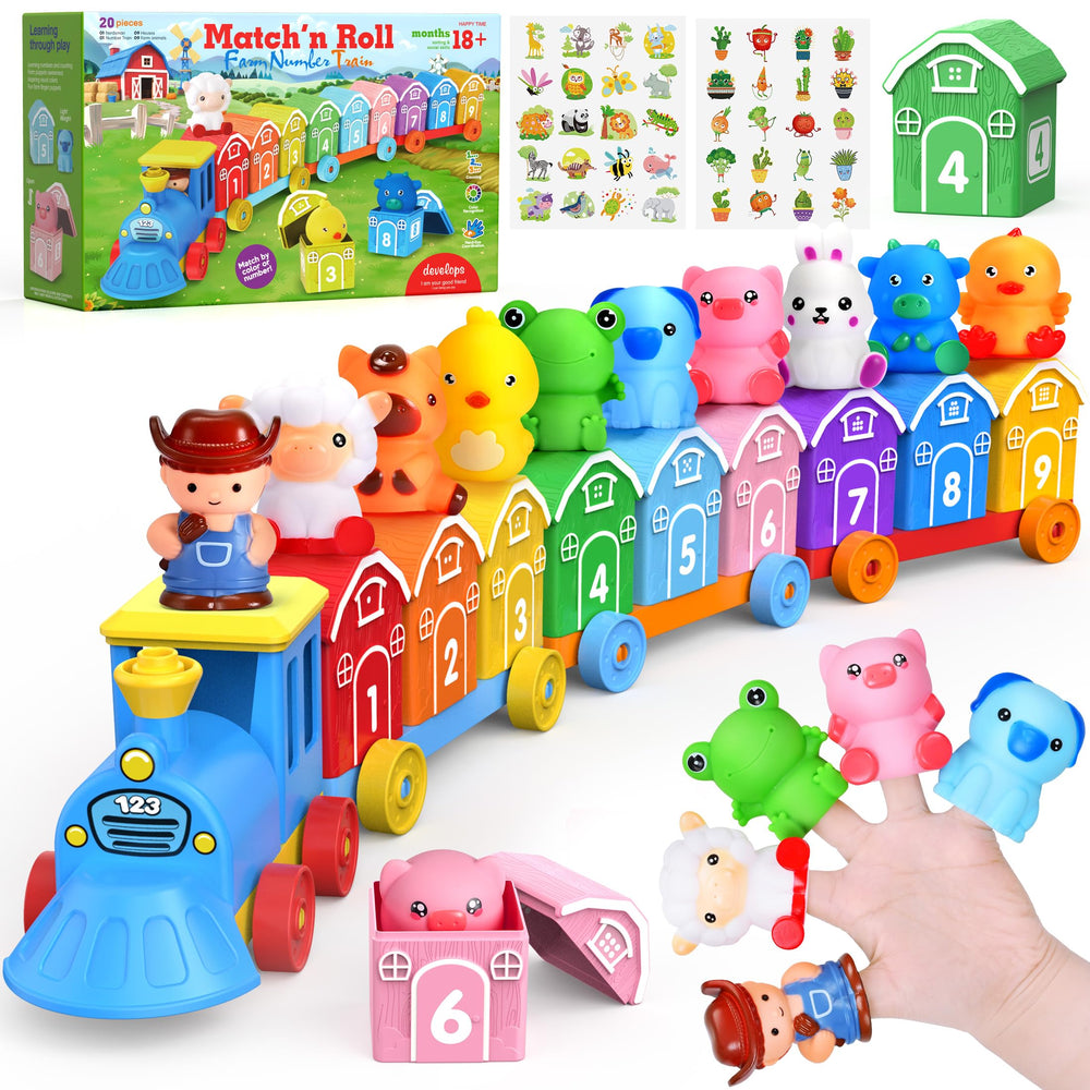 GooMags Montessori farm train barns with numbers support early math recognition.