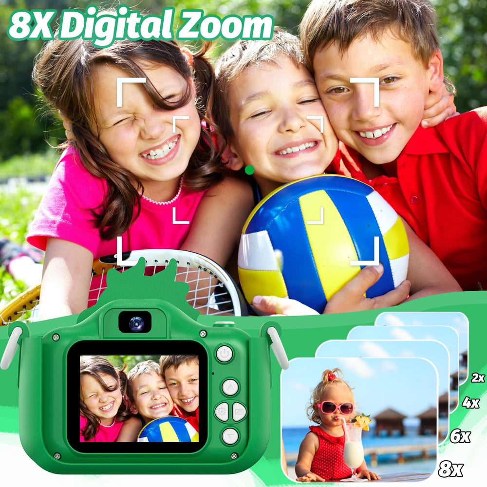 Goopow Kids Selfie Camera Green 32GB SD card included stores many photos.