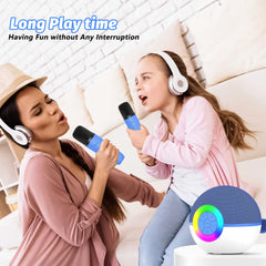 Goopow Mini Karaoke blue dual mics deliver dynamic sound for singing.