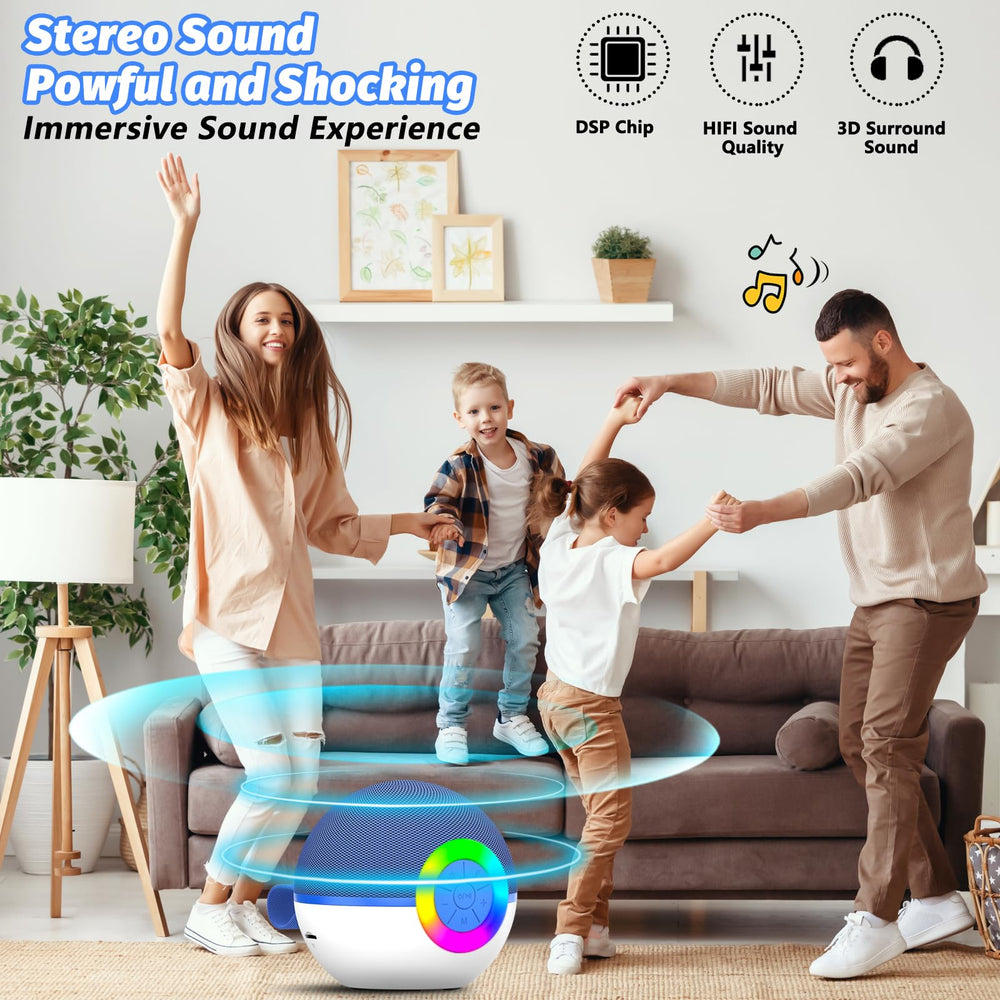 Goopow Mini Karaoke blue LED light enhances night-time party mood.