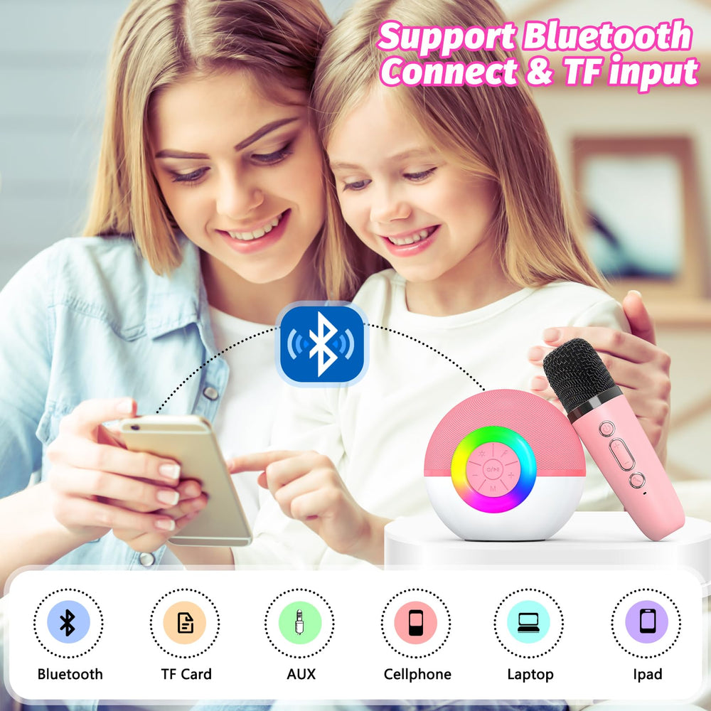 Goopow mini karaoke machine pink battery-charging port for quick power boosts.