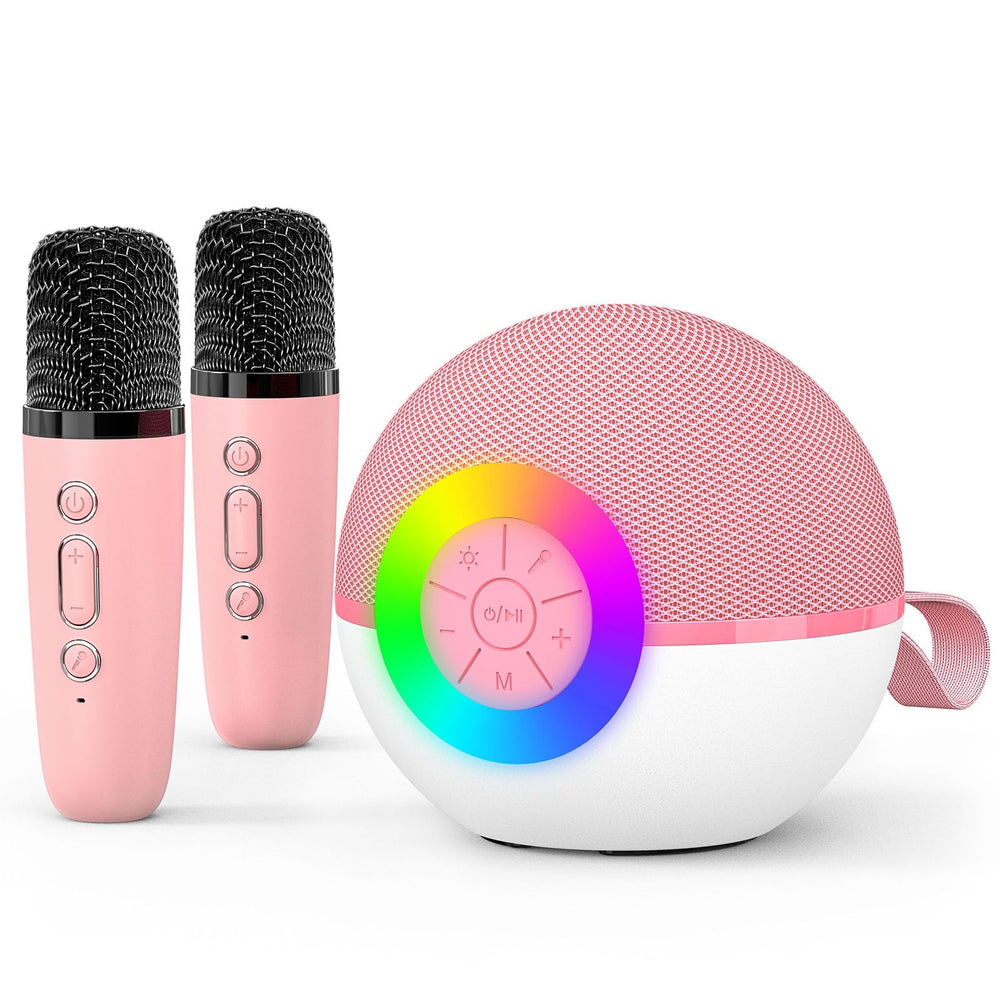 Goopow mini karaoke machine pink front view with dual mics and LED lights for family fun.