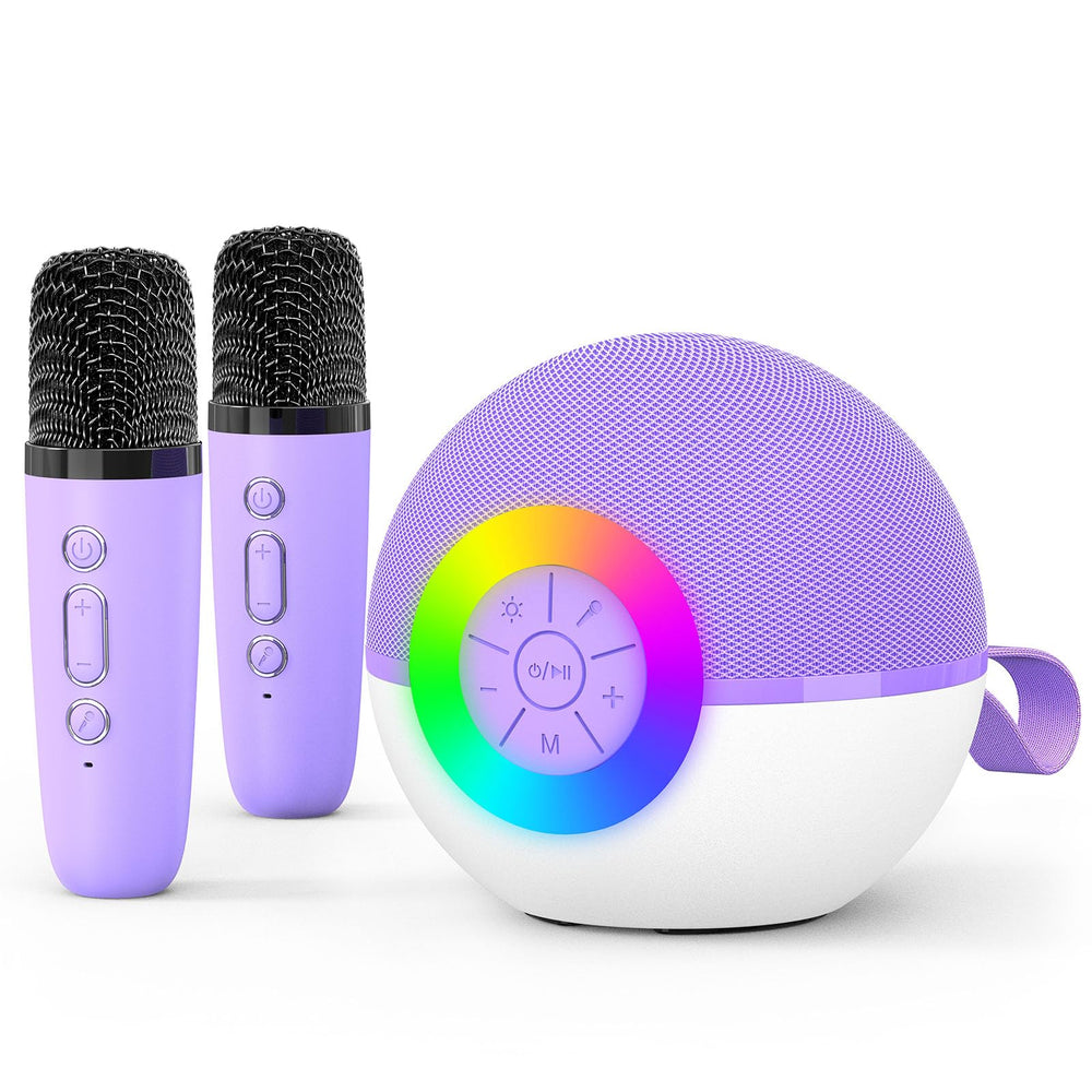 Goopow mini karaoke machine with purple 2-mics for lively family sing-alongs.