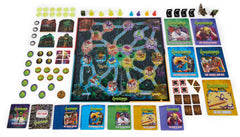 Goosebumps game contents laid out with board, cards, tokens, and guides.