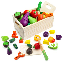 GOPLACS wooden play food set showing cutting fruits and veggies for safe pretend cutting