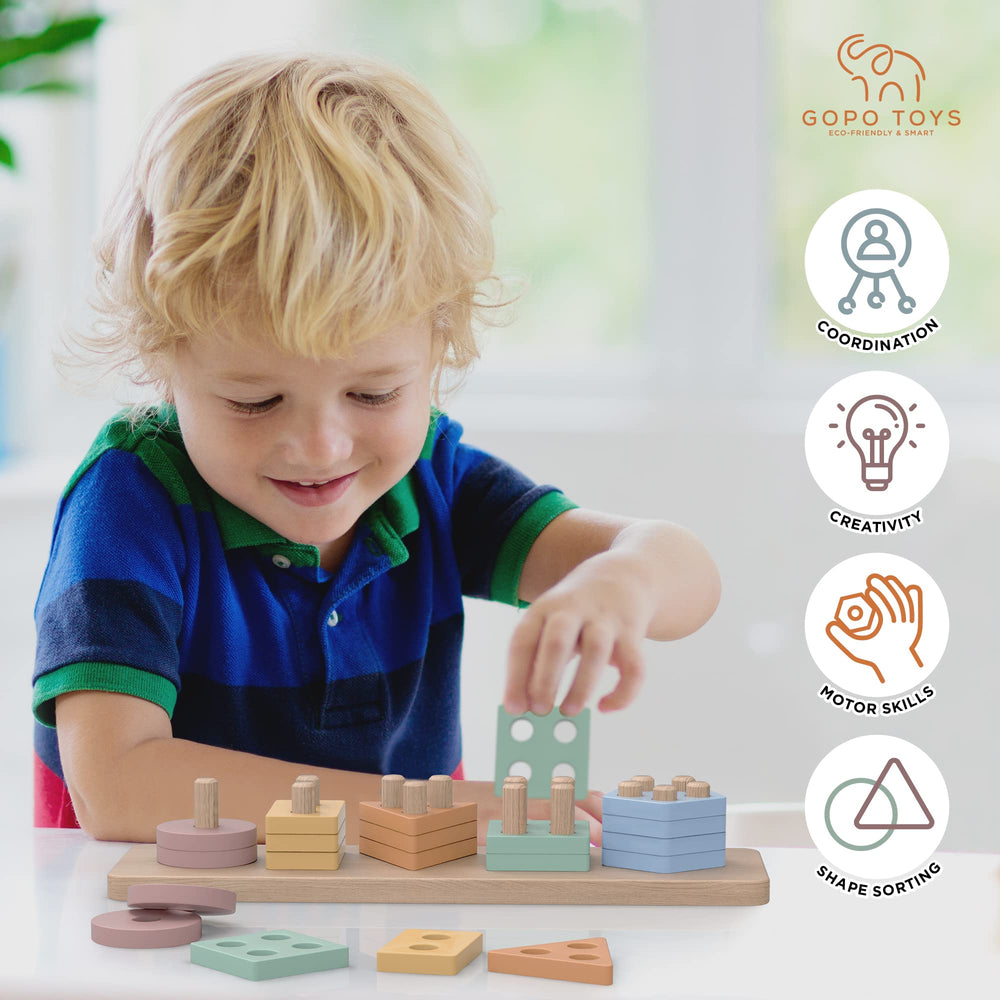 GOPO TOYS colorful wooden shapes on pegs for sorting