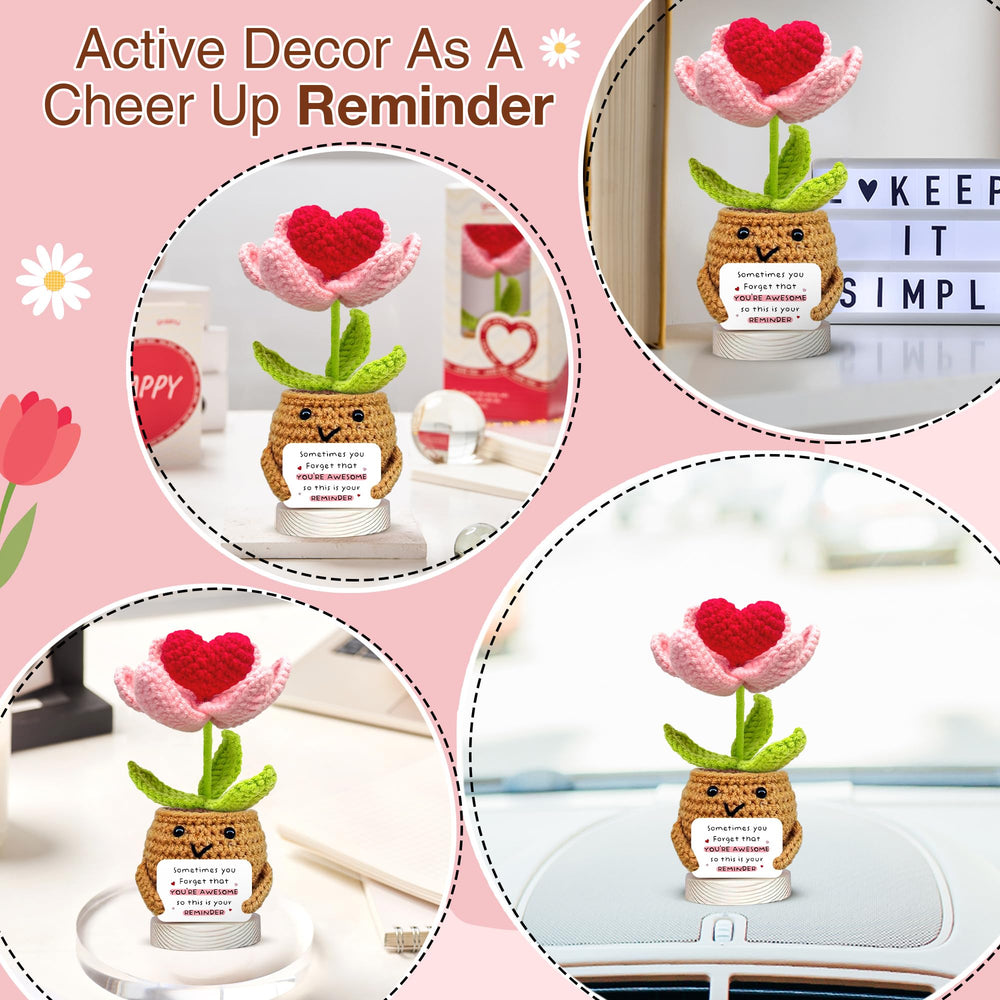 Gossby positive heart flower crochet plant on a shelf, warm decor