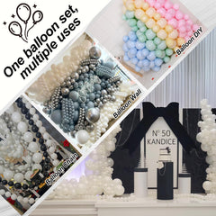 Govpy pearl white balloons arranged into a wall arch for elegant backdrops.