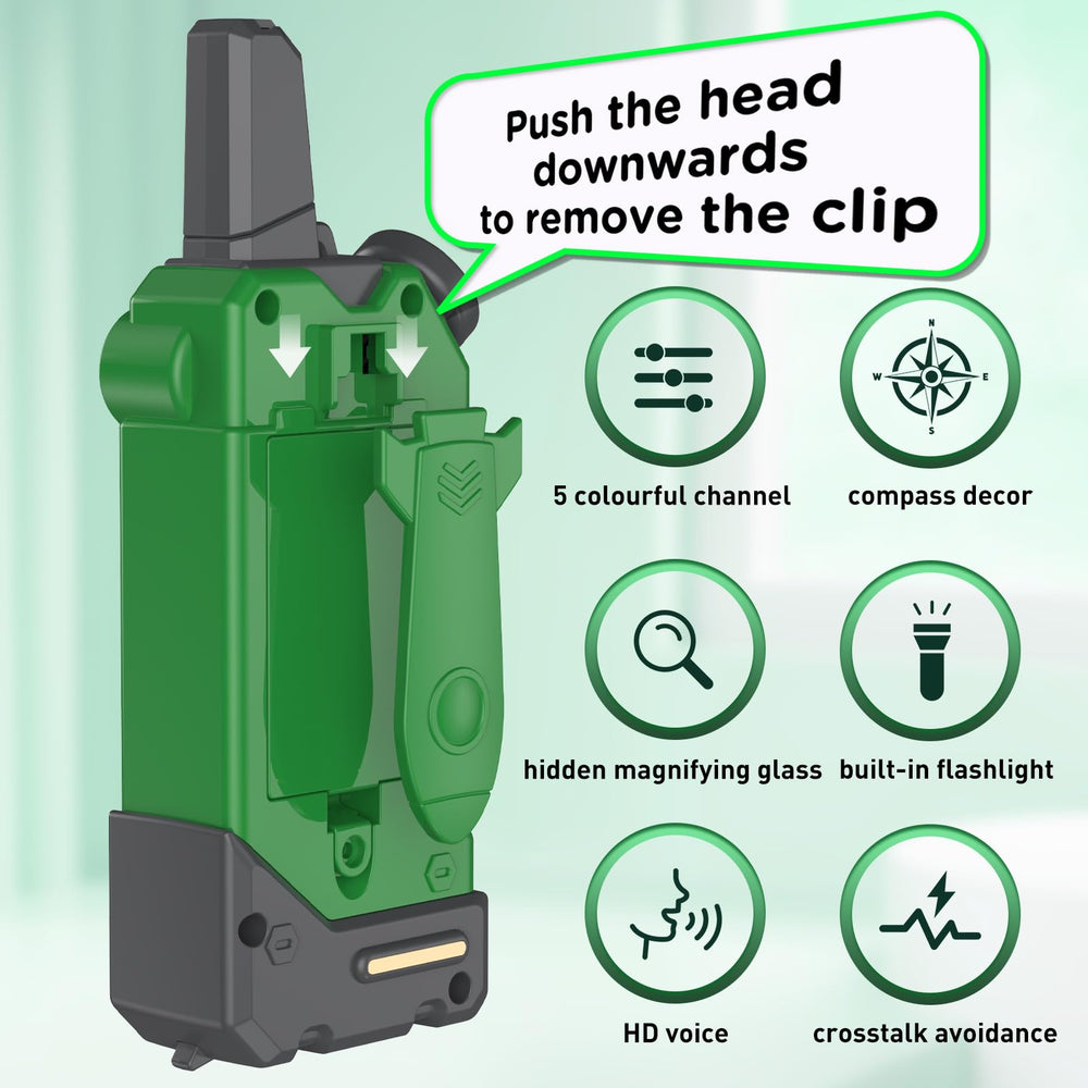 Gowtimly walkie talkie with flashlight, magnifying glass, and compass.