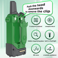 Gowtimly walkie talkie with flashlight, magnifying glass, and compass.