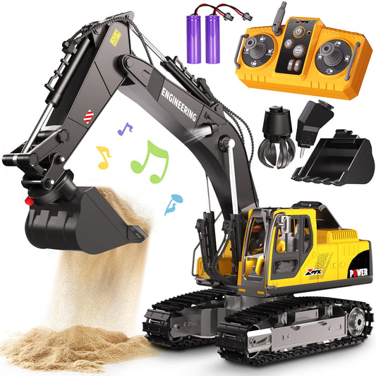 GraceDuck RC excavator with alloy bucket for sandbox digging.