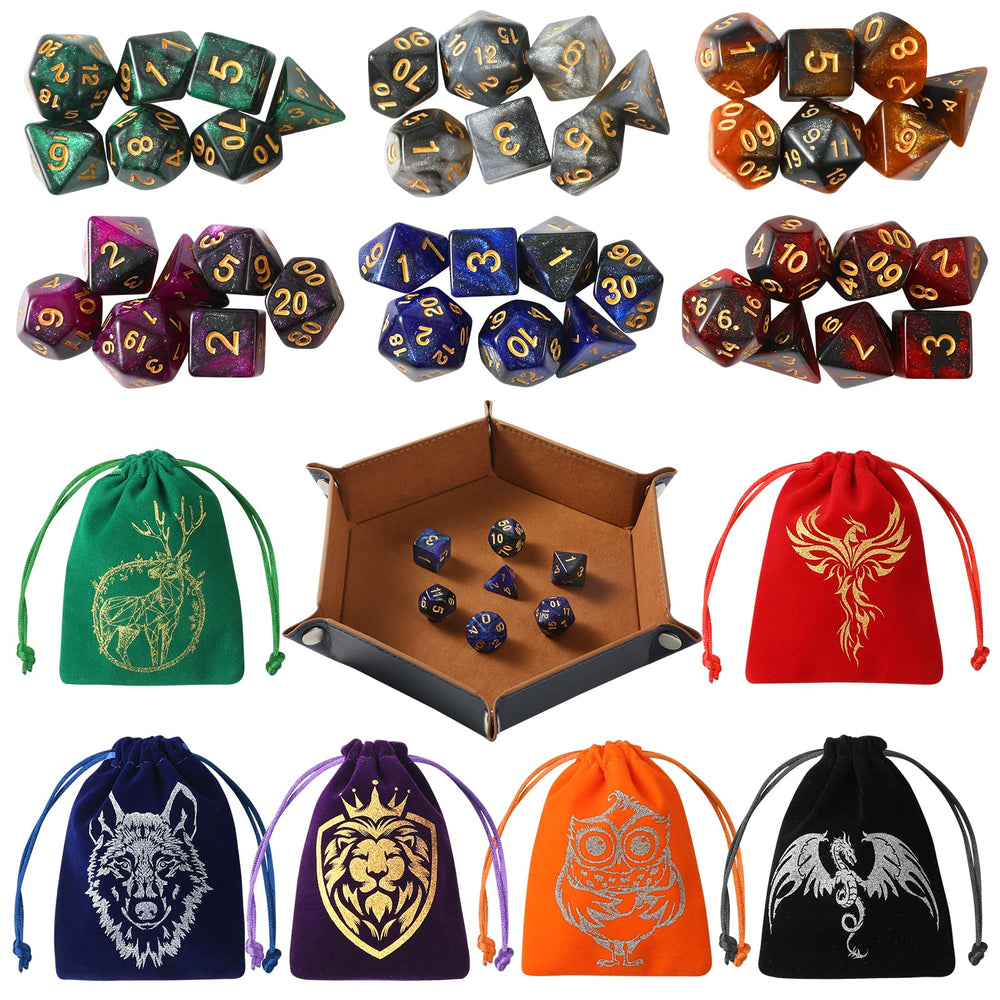 Grajar DND dice set with starry sky finish for vibrant tabletop play.