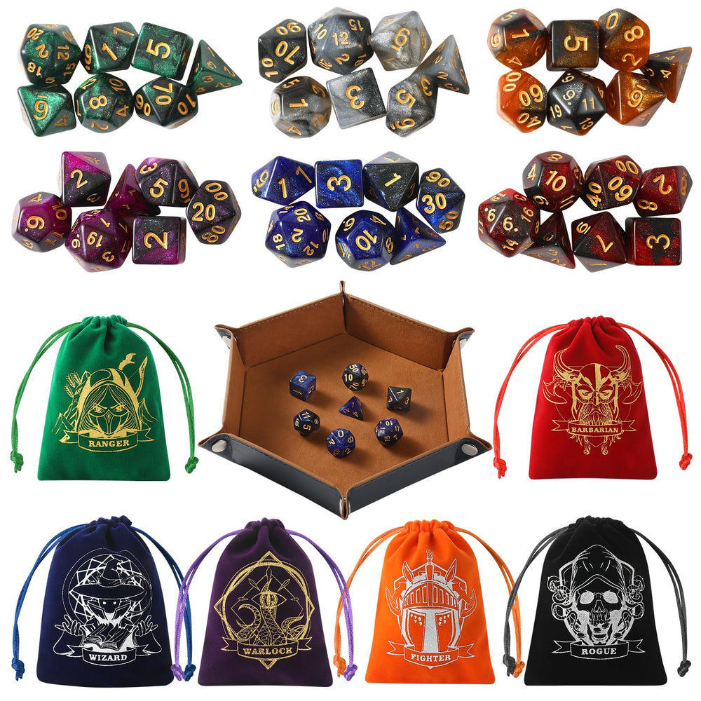 Grajar Starry Sky D&D dice set with glitter acrylic faces and clear numbers.