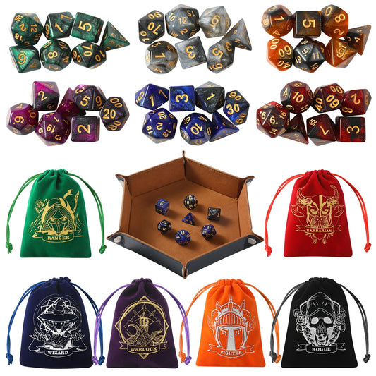 Grajar Starry Sky D&D dice set with glitter acrylic faces and clear numbers.