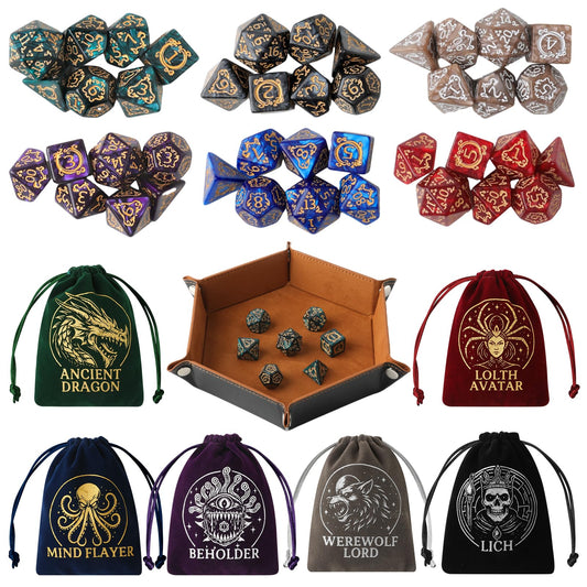 Grajar Vintage Boss Totem dice set close-up with gold emblems for bold, high-contrast rolls.