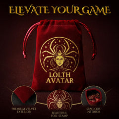Grajar six color-matched dice and pouches arranged for seamless DND play.