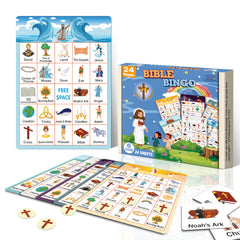 GRANDLMOON Bible Bingo cards for 24 players with tokens, classroom-ready.