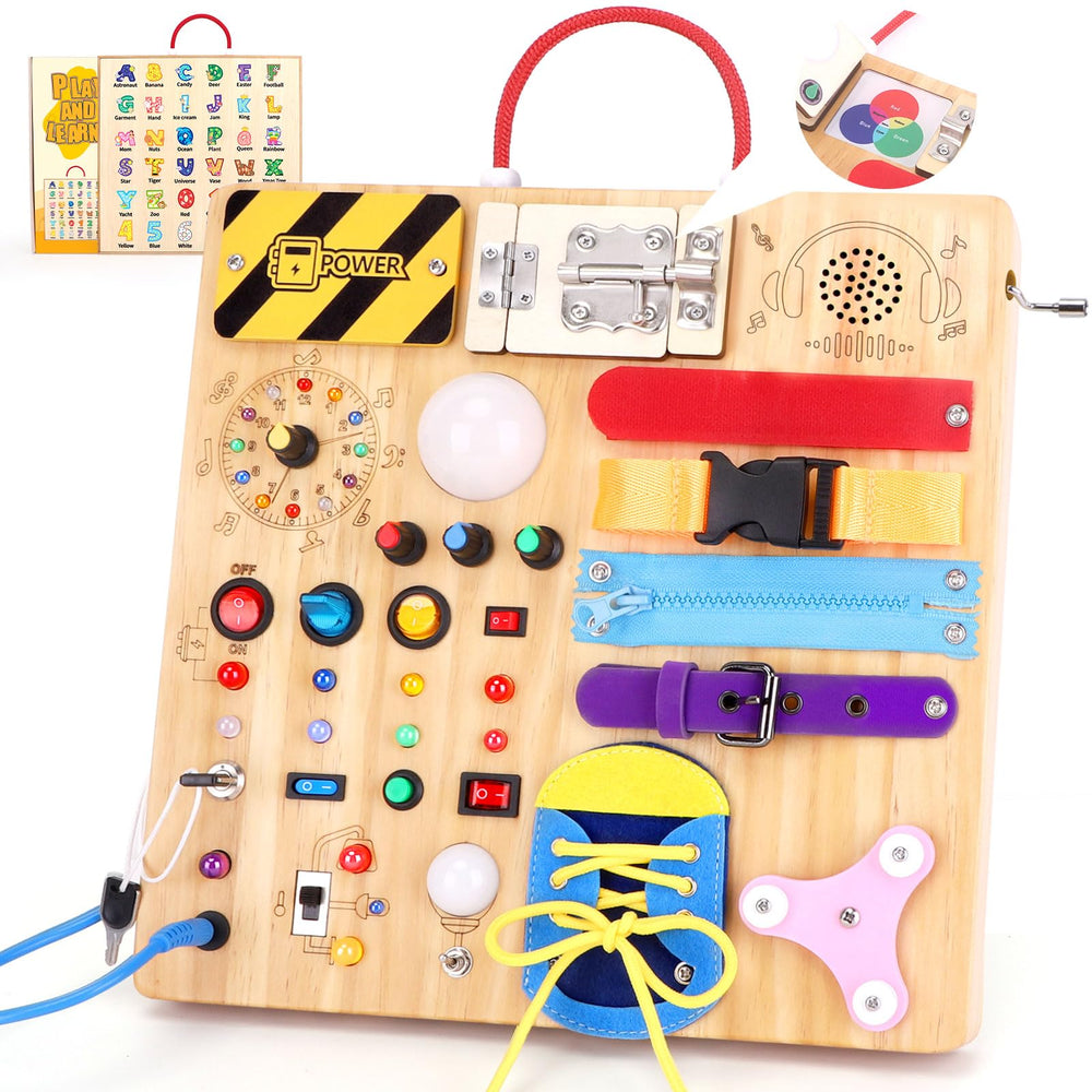Grarain 23in1 Busy Board overview with colorful switches for sensory play and skill-building