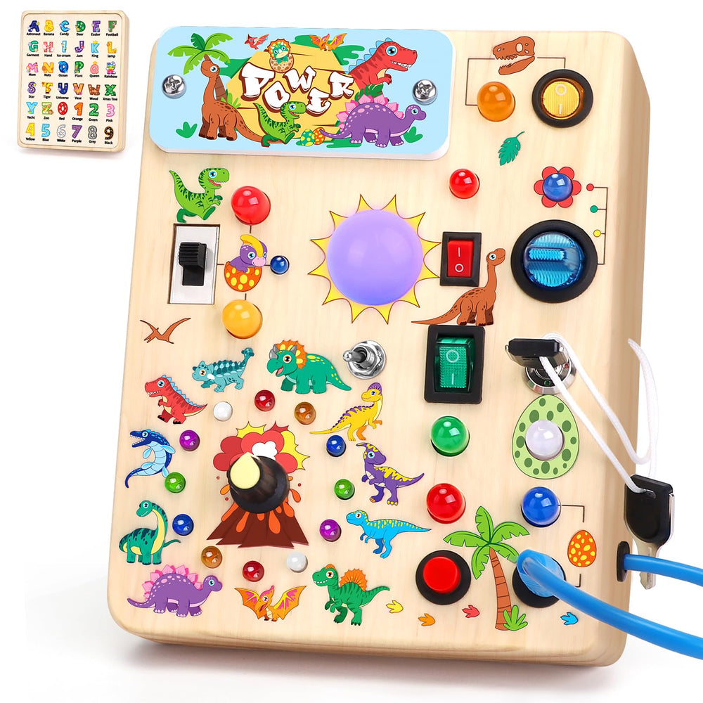 Grarain Busy Board front shows dinosaur design and LED lights for tactile sensory play