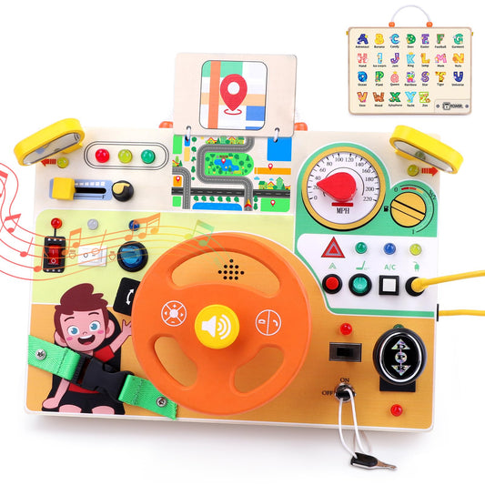 Grarain Busy Board steering wheel close-up for grip and imaginative play.