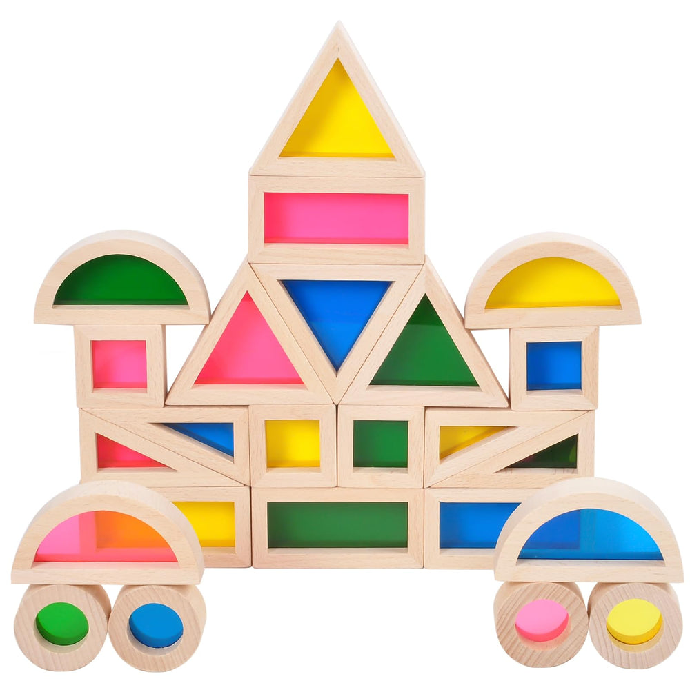 Gray Orange wood blocks set for toddlers with rainbow colors supporting hands-on learning.