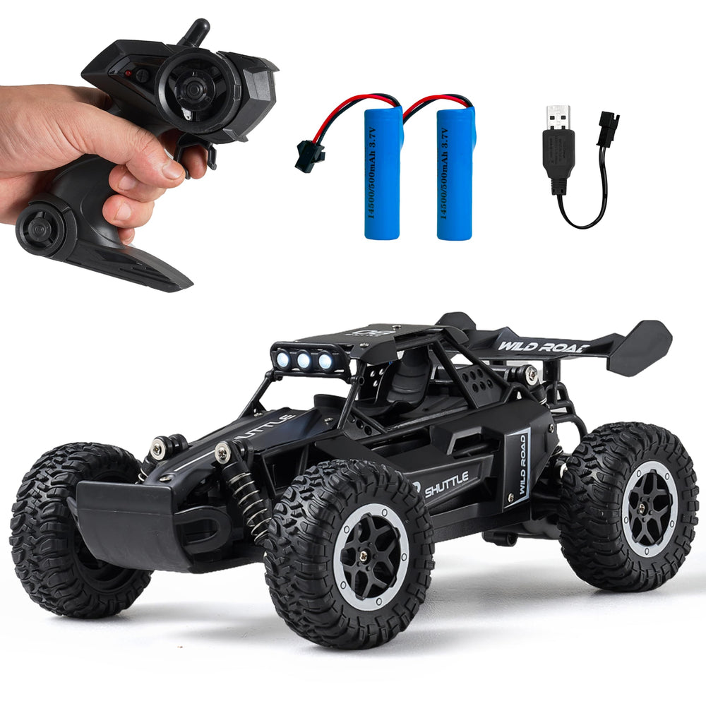 Great-JUNAMT RC car with LED headlights lighting the night road for safe outdoor play.