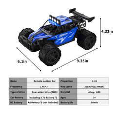 Great-JUNAMT RC monster truck blue side view highlighting rugged chassis for outdoor use