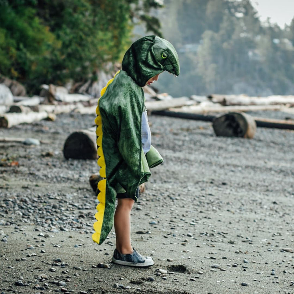 Great Pretenders T-Rex Hooded Cape ideal for parties, photos, and classroom pretend play.