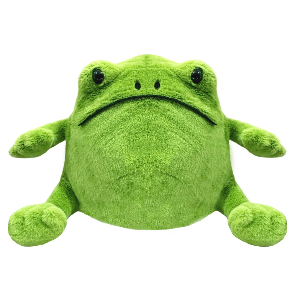 Green Frog stuffed animal face detail with friendly eyes for comforting play