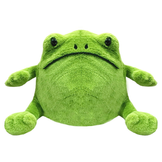 Green Frog stuffed animal face detail with friendly eyes for comforting play