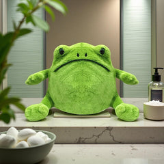 Green Frog stuffed animal hug closeup emphasizes plush softness