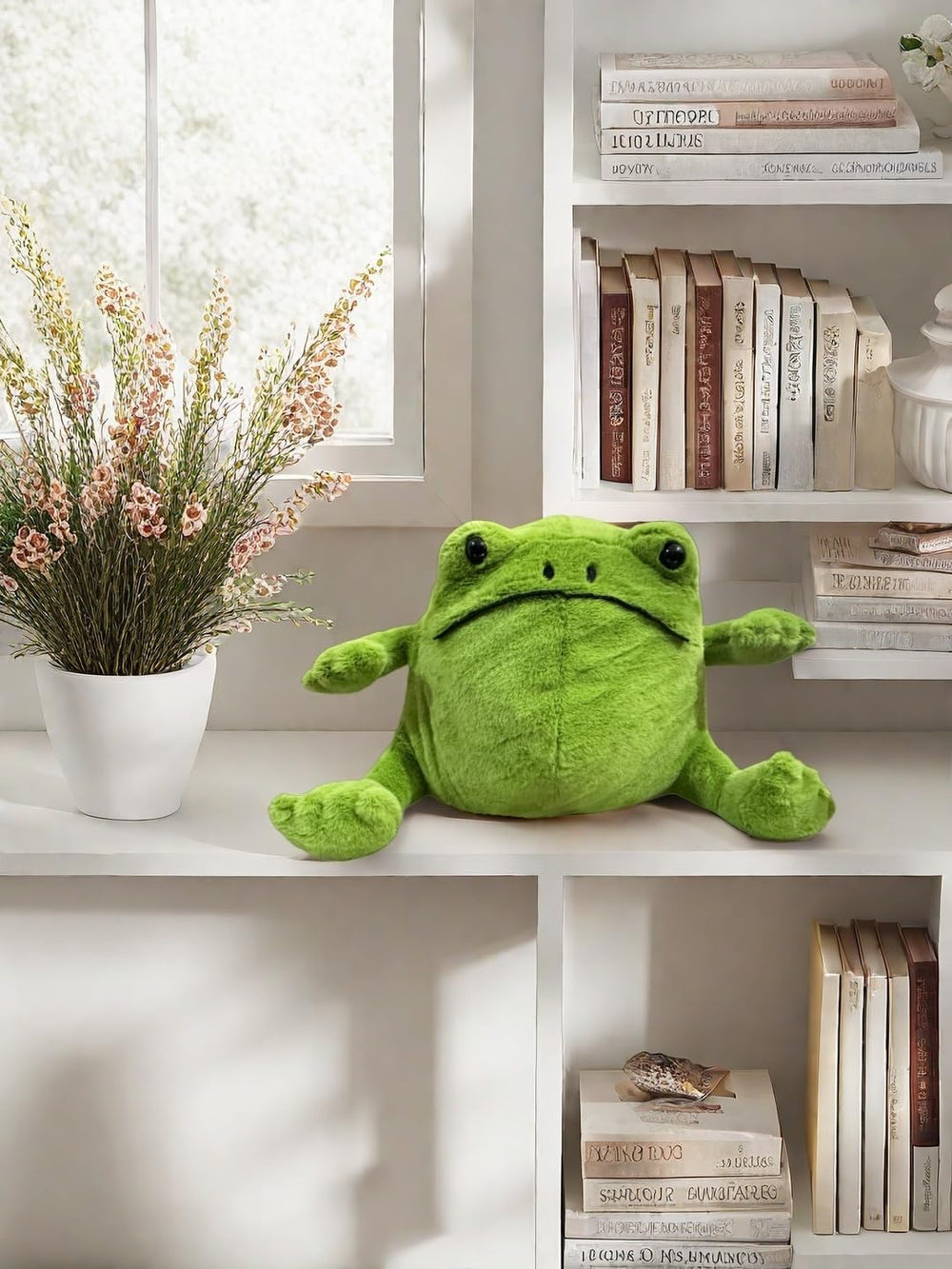 Green Frog stuffed animal in a playroom ready for imaginative adventures