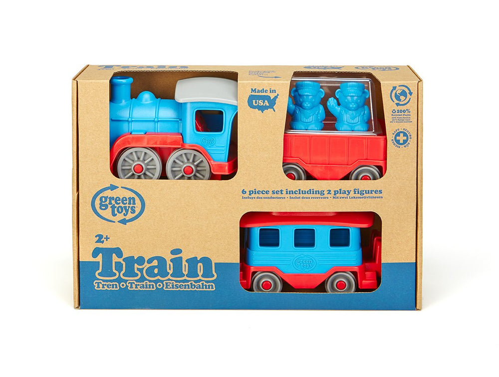 Green Toys Train Blue front view highlights sturdy design for imaginative rail adventures.