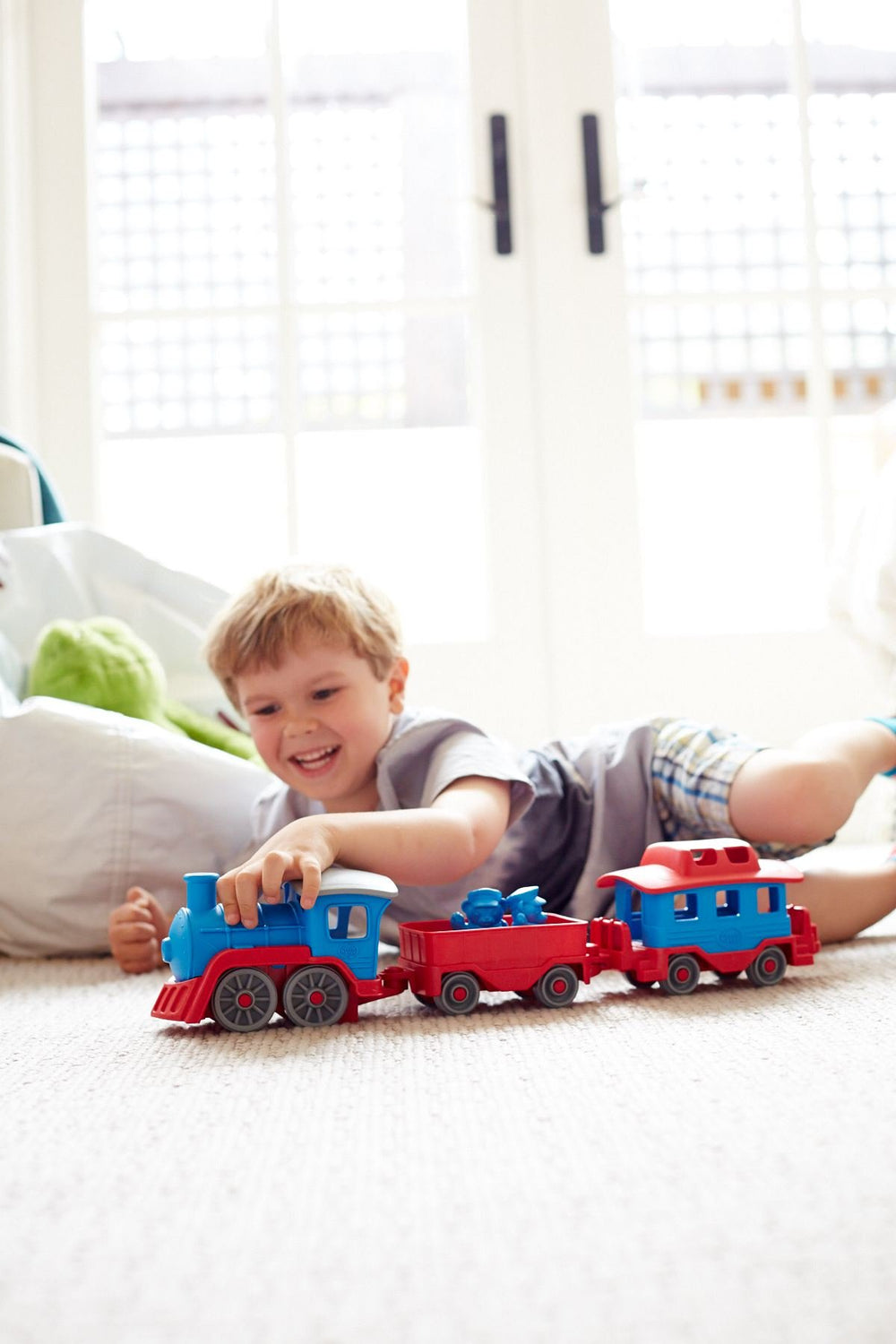 Green Toys Train Blue made-in-USA label signals local manufacturing and quality.