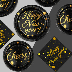 Greencian black gold New Year plates 7-inch, elegant, ideal for appetizers.
