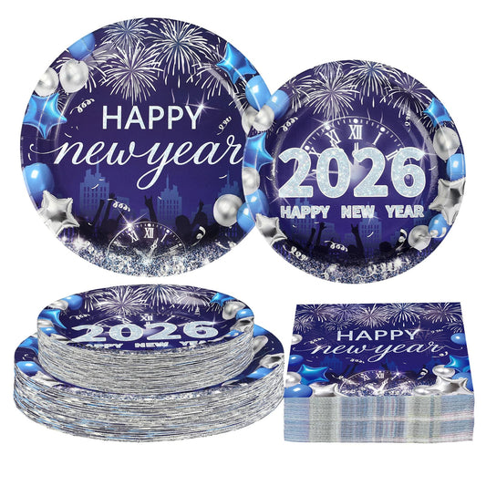 Greencian Happy New Year plates 9-inch with silver fireworks, durable and perfect for countdown dinners.