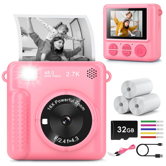 GREENKINDER Kids Camera Instant Print, pink front view for little photographers and selfies
