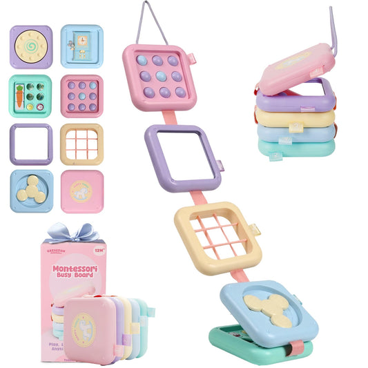 GRESEESM Montessori busy board with seven panels boosts fine motor skills for toddlers.