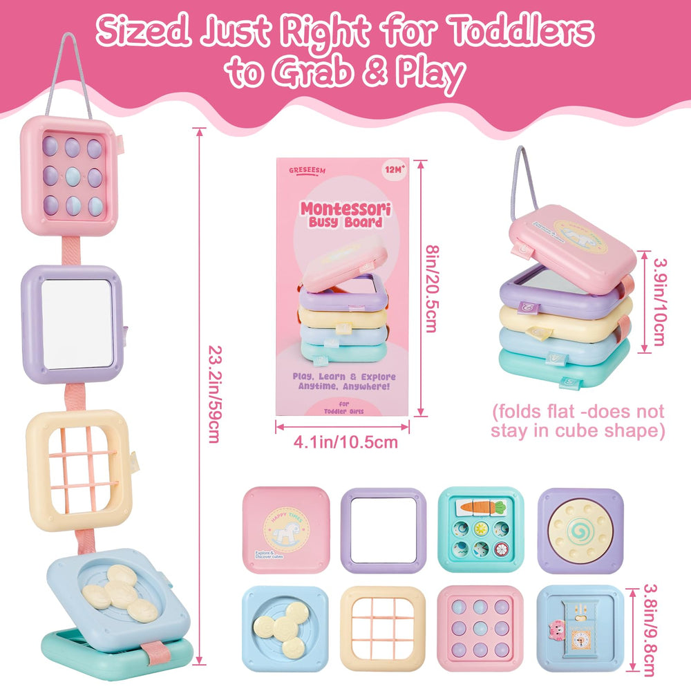 GRESEESM travel-ready busy board includes hanging rope for cribs and car seats.