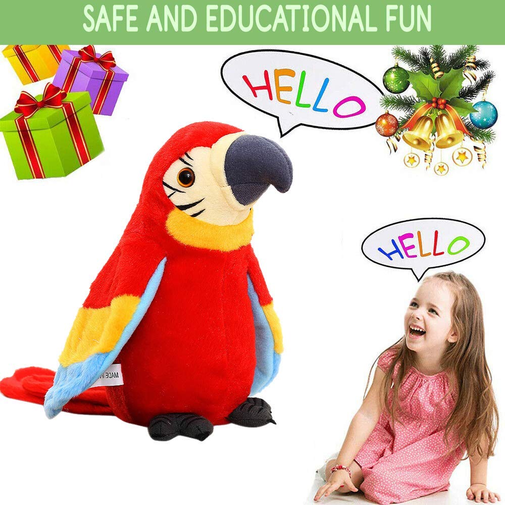 GREUS red parrot with waving wings prompts lively, interactive storytelling.