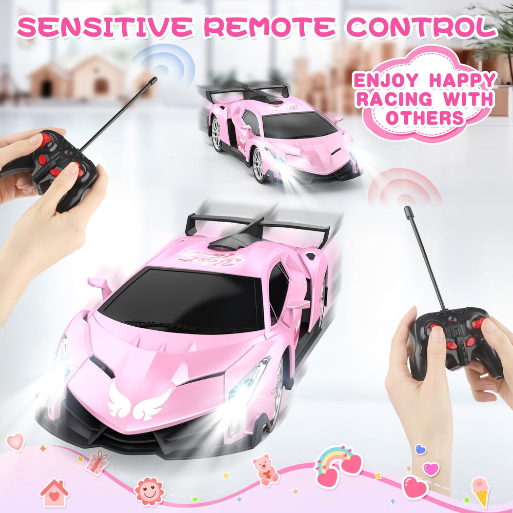 Growsland pink RC car in action indoors for small space racing.