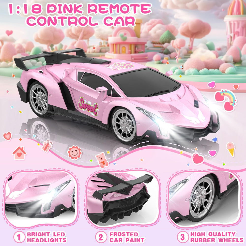 Growsland RC car pink with LED headlights illuminated for night play.