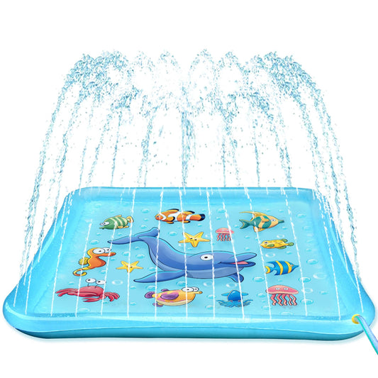 Growsland Splash Pad for Toddlers wide-shot showing ample backyard space for multiple kids.